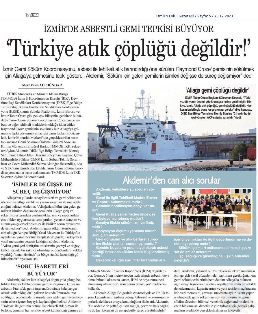 İZMİR’DE YİNE ASBESTLİ GEMİ KABUSU (İzmir 9 Eylül Gazetesi - 29.12.2023)